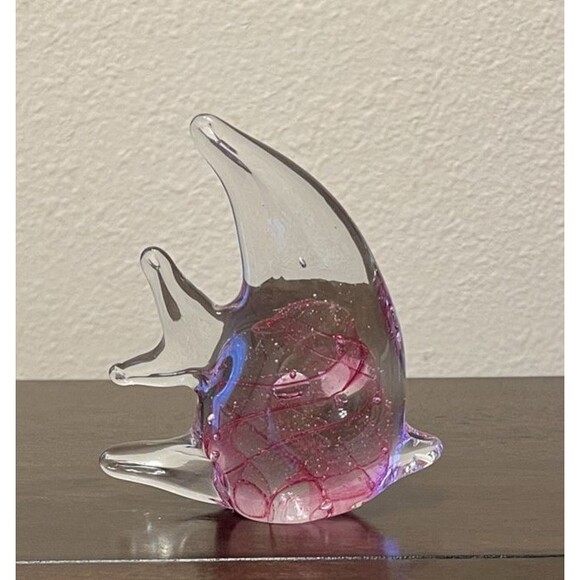 Art Glass Angel Fish Hand Blown Murano Style Paperweight Figurine Pink Swirls - Picture 3 of 8